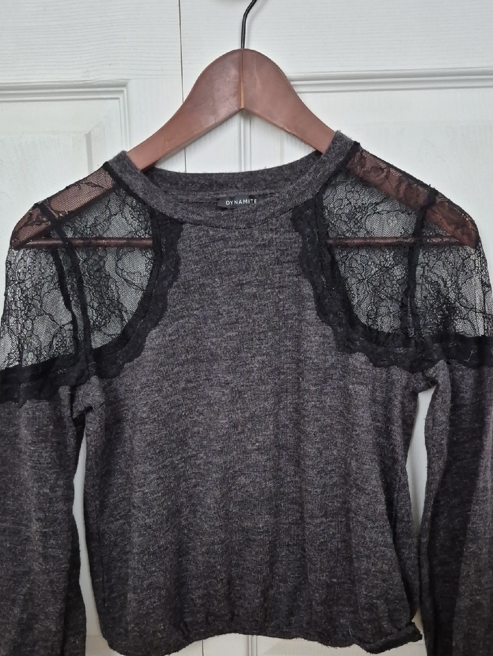 Dynamite Charcoal Heather Long Sleeve Top with Black Lace Insets